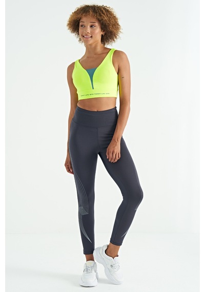 Tommy Life Neon Sarı Yazı Baskılı Renk Bloklu Dar Kalıp Dalgıç Kumaş Kadın Büstiyer - 97271 Neon Sarı