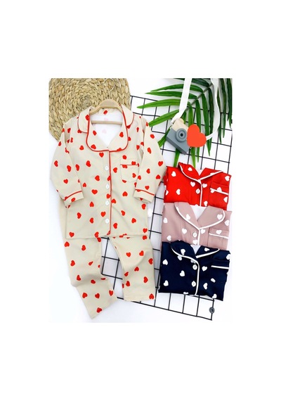 3-4-5-6 Yaş Kalp Baskılı Düğme Kapamalı 2li Kız Çocuk Pijama Takımı 001