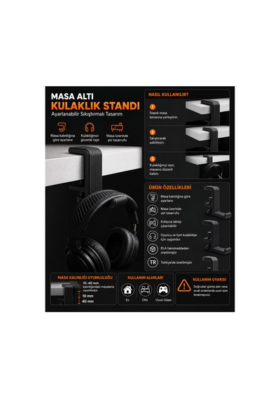 Siyah Masa Altı Kulaklık Standı Siyah Sıkıştırmalı Kulaklık Askısı Siyah Yer Tasarruflu Masaüstü Kulaklık Tutucu - Ayarlanabilir Kulaklık Askısı Oyuncu Ve Yayıncı Aksesuarı