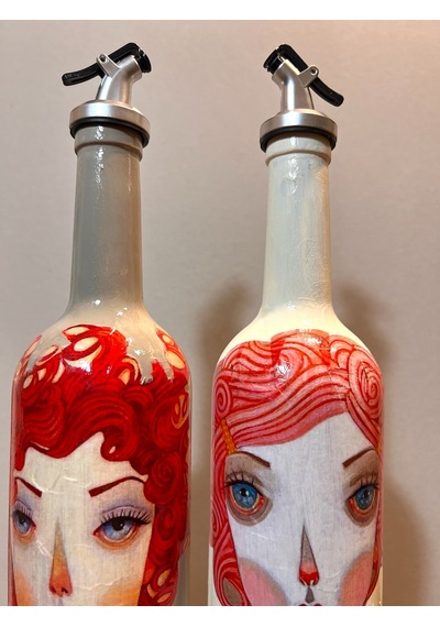El Yapımı Kırmızı Saçlı Kadın Desenli Vintage Cam Şişe Yağdanlık Seti, Dekoratif Mutfak & Sofra Ürün Vizon