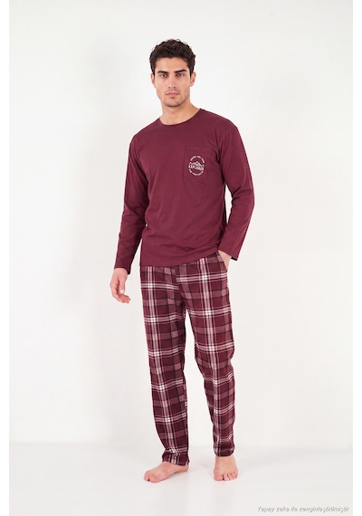 Buratti Ekoseli Pamuklu Bisiklet Yaka Pijama Takımı Erkek Pijama Takımı 6575007 Bordo