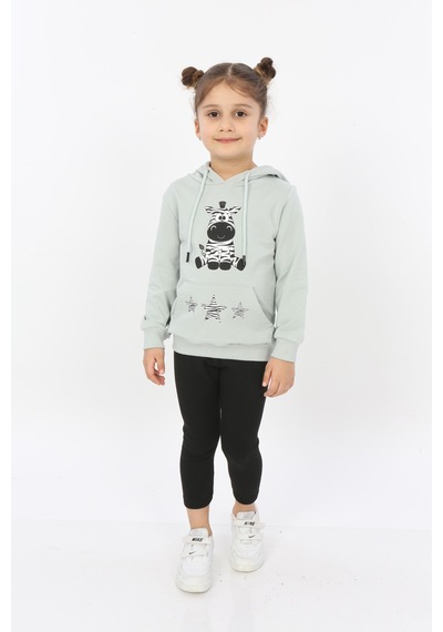 Toontoy Kız Çocuk Yıldızlı Zebra Baskılı Kapüşonlu Sweatshirt Yeşil
