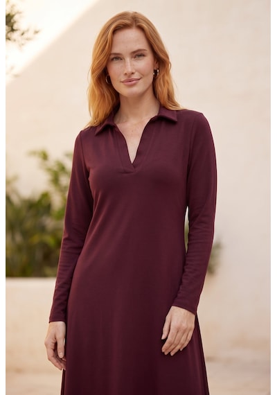 Soulshae Kadın Dabıl Örme Gömlek Yaka Uzun Kollu Yakalı A Kesim Midi Elbise Bordo