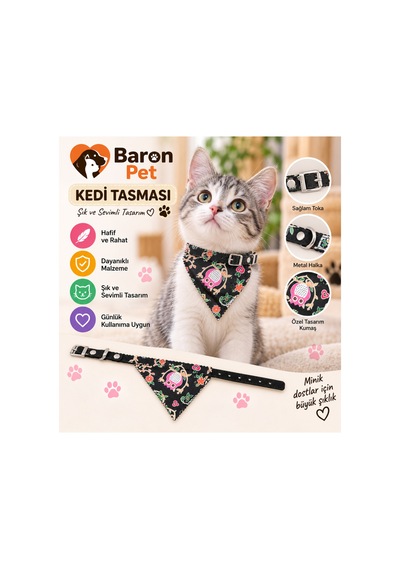 Fularlı Kedi Tasması Siyah Baykuş Çiçek Desenli Metal Halkalı Ayarlanabilir Bandana Kedi Boyun Tasması