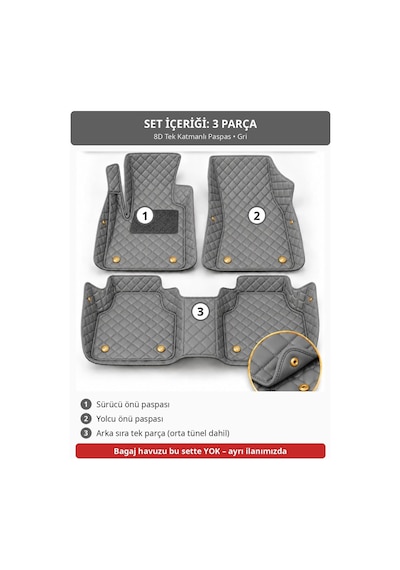 Renault Kangoo 2013-2023 Uyumlu 8d Tek Katmanlı Havuzlu Paspas Kapitone Deri Gri