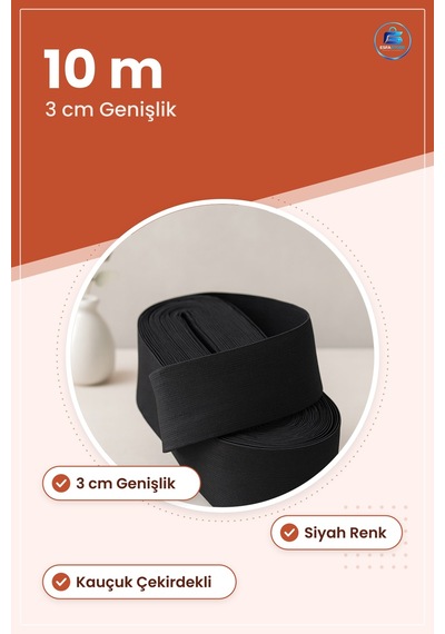 Paça Lastii Geniş Siyah 3 Cm 10 M Elastik Kauçuk Çekirdekli Polye