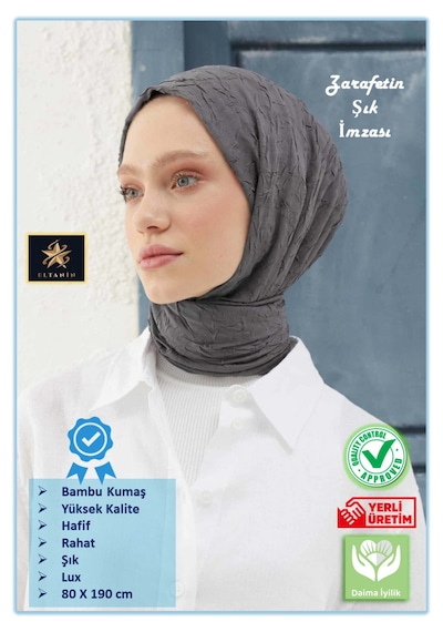 Bambu Kraş Şal Tesettür Giyim, Yüksek Kalite, Hafif, Rahat, Şık, Premium, Lux, Shawl, Scarf Füme
