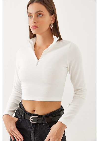 Shade Kadın Balıkçı Yaka Yarım Fermuarlı Fitilli Crop Bluz 60351019 - Beyaz