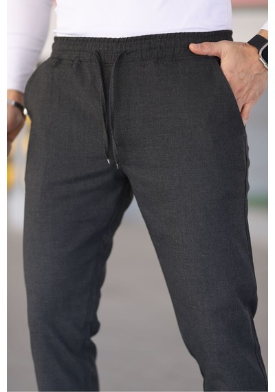 Bürke Erkek Antrasit Renk Beli Lastikli Bağcıklı Esnek Fitted Jogger Pantolon Kumaş Pantolon