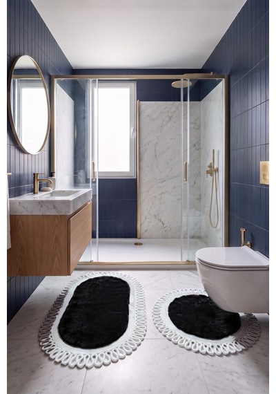 Banyo Paspası Takımı 60x100+60x60 Cm Dış Trikot Siyah & Gümüş