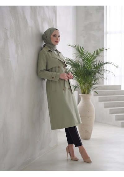 B.he.z Kruvaze Yaka Bondik Su İtici Kumaş Astarlı Trend Model Diz Altı Trençkot Mint Yeşil