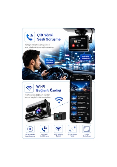 Bagajon 2k Max Araç İçi Kamera 4g Çift Kameralı Wifi Gps Uzaktan Canlı İzleme Gece Görüşlü G-sensör 24 Saat Park Modu