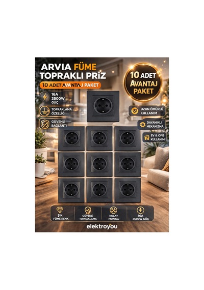 Arvia Füme Topraklı Priz 10 Adet Çerçeve Dahil