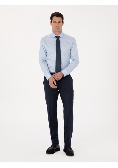 Cacharel Açık Mavi Slim Fit %100 Pamuk Yarım İtalyan Yaka Klasik Gömlek Denım