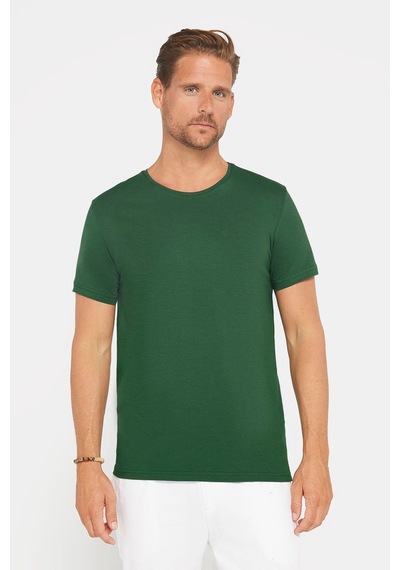 Tudors Erkek Slim Fit Dar Kesim Pamuklu Yumuşak Doku Likralı Esnek Kumaş Basic Yeşil Bisiklet Yaka Tişört-31222 Yeşil