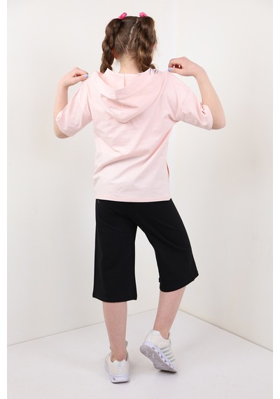 Toontoy Kids Toontoy Kız Çocuk 2'li Takım Baskılı Kapüşonlu Cepli T-shirt & Beli Lastikli Kapri Şort - Lazer Kesim Detaylı Pudra Toontoy Kids Toontoy Kız Çocuk 2'li Takım Baskılı Kapüşonlu Cepli T-shirt & Beli Lastikli Kapri Şort - Lazer Kesim Detaylı Pudra