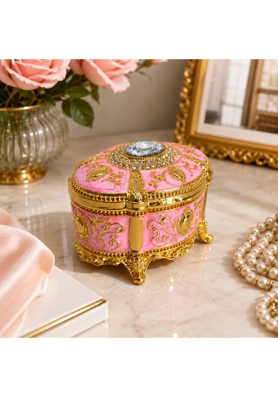 Kristal Taşlı Oval Mücevher Kutusu Kadife İç Kaplamalı Gold İşlemeli Takı Kutusu Dekoratif Saklama Kutusu Açık Pembe