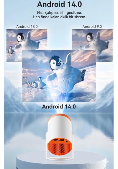 Turn1 Akıllı Android 14 Mini Projektör, 720p Çözünürlük, 200 Ansı Lümen, Wi-fi 6, 4k Destekli, Otomatik Düzeltme, Turuncu, Ev Sineması