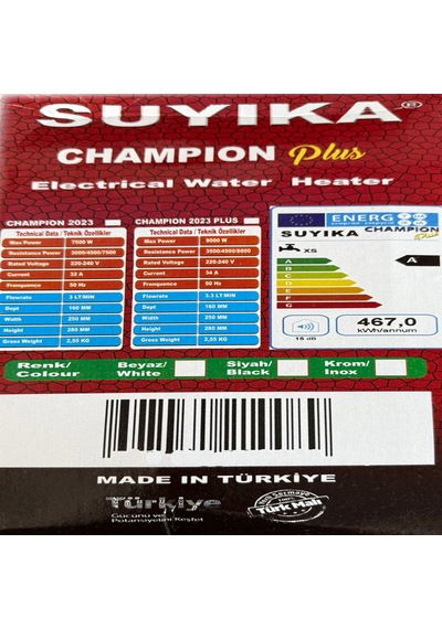 Champion Plus 7500w Elektrikli Şofben 3 Kademeli Ani Su Isıtıcı Yüksek Güçlü Hızlı Isıtma Güvenlik Korumalı Enerji Verimli