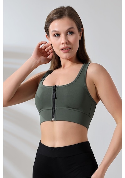 EMFURE Haki Fermuarlı Spor Büstiyer - Sports Bra / Crop Destekli Spor Sütyeni Haki
