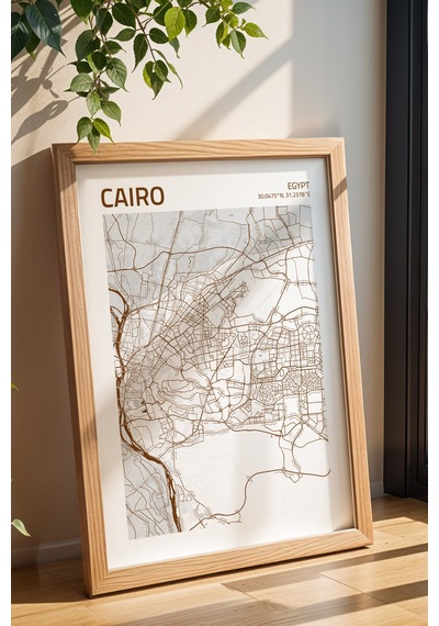 Kahire Mısır Cairo-egypt Haritası Çerçeveli Tablo Lüks Salon Duvar Dekorasyonu Hediyelik Tablo Kayın