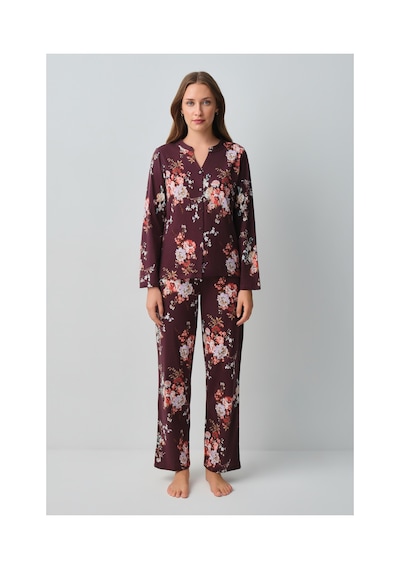 Suwen Mimoza Pamuklu Gömlek Yaka Pijama Takımı Wsh10510154662 Bordo Desenli