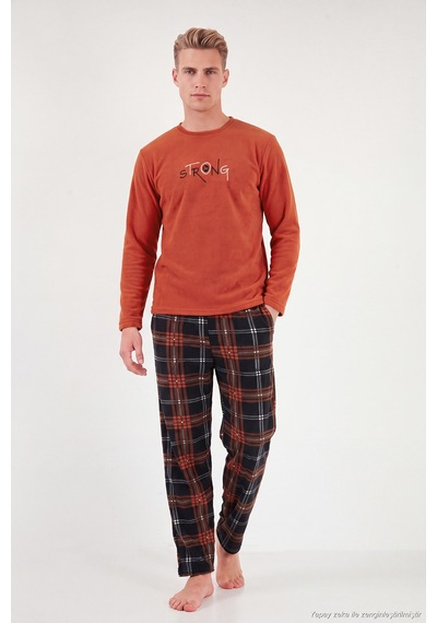 Buratti Ekoseli Bisiklet Yaka Yumuşak Dokulu Polar Pijama Takımı Erkek Pijama Takımı 6097000 Tarçın