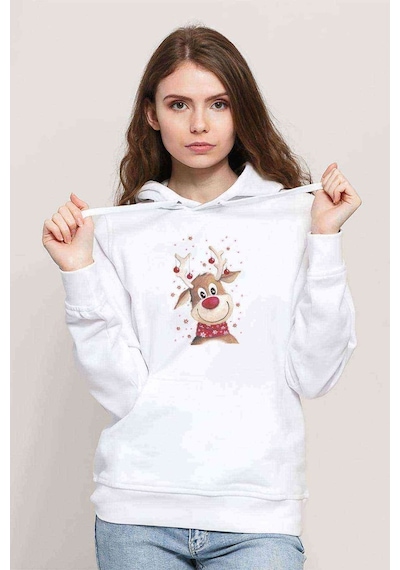 Watercolor Christmas Deer Baskılı Kadın Kapüşonlu Beyaz Sweatshi