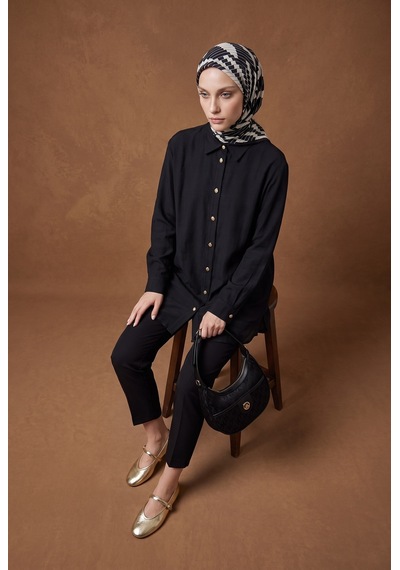 Armine Trend Gold Düğme Detaylı Klasik Yaka Uzun Tunik Rahat Kesim Şık Tesettür Tunik Modeli 89 Cm Boy Siyah 26yt471