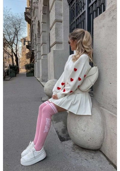 Cotenconcept Bad Girl Yazılı Çizgili Diz Üstü Kadın Çorap Pembe - Beyaz