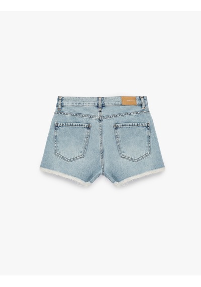 Koton Yüksek Bel Yıpratma Detaylı Taşlı Mini Denim Şort Orta İndigo 6sal40241md