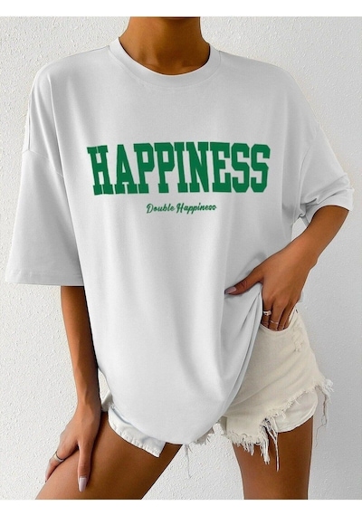 Flood Of Style Kadın Beyaz Happıness Baskılı Oversize Tshirt