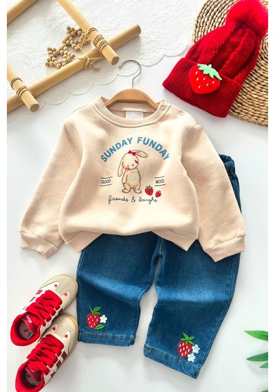 Minigimin Cicileri Tavşan Baskılı Çilek İşleme Kız Bebek Kışlık Takım - Krem