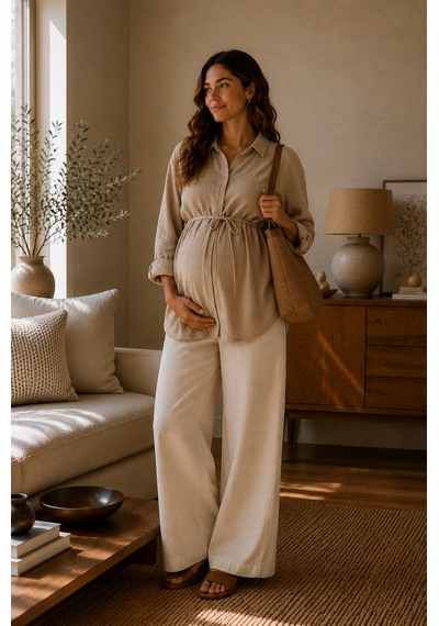 Luvmabelly Myra4302 Doğal Müslin Yazlık Hamile Gömlek Bluz - Bej