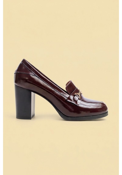Analin Shoes Kadın Hakiki Deri Saraçlı Tokalı Klasik Topuklu Ayakkabı Bordo