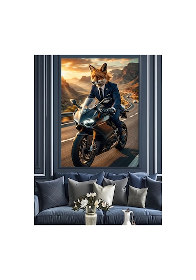 Motosiklet Süren Karizmatik Tilki Portresi Yağlı Boya Dokulu Kanvas Tablo Canvas Tablosu