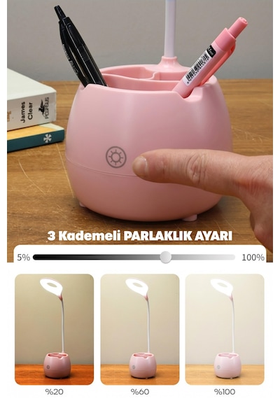 Şarjlı Masa Lambası Işık Ayarlanabilir Kalemlik Telefon Stand Ders Çalışma Okuma Işığı 0620 Pembe Pembe