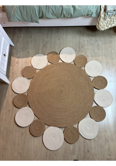 Mavaux Rhea Jüt Hasırlı El Örgüsü Kilim Halı Hasır Yuvarlak Krem - Bej