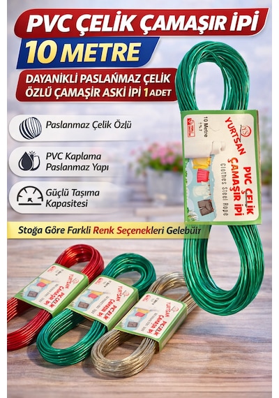 Pvc Çelik Çamaşır İpi 10 Metre Dayanıklı Paslanmaz Çelik Özlü Çamaşır Askı İpi 1 Adet Çok Renkli