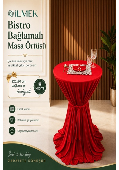 Dertsiz Bağlamalı Bistro Masa Örtüsü - Düğün Davet Organizasyon Otel Restoran Kokteyl Masa Örtüsü Kırmızı Kırmızı