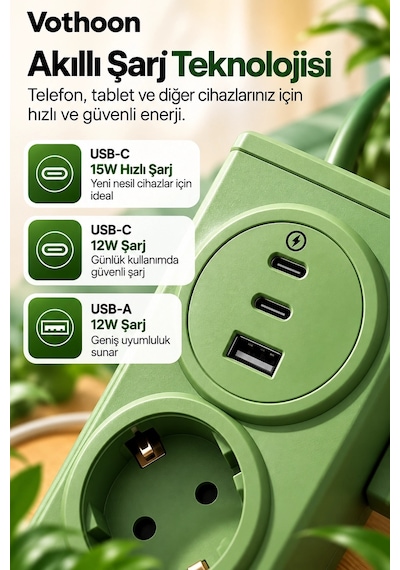 4 Lü Akıllı Priz Tek Dokunuşla Fiş Çıkarma 2 Metre Kablo 2 Type-c + Usb 15w Hızlı Şarj 3680w Najmaddin Belirtilmemiş