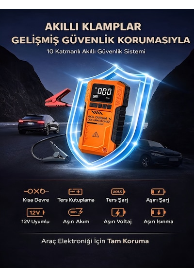 Çantalı 10000mah 150psı Akü Takviyeli Oto Bisiklet Motosiklet Hava Kompresörü Lastik Şişirme Pompası Turuncu