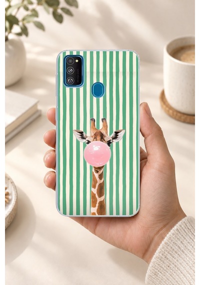 Samsung Galaxy M30s/m21 Uyumlu Yeşil Çizgili Sakız Şişiren Zürafa Baskılı Silikon Kılıf