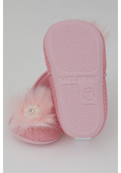 Bebiccino Kız Bebek Patik Ayakkabı Çiçek Aksesuarlı Tüylü Kurdela Bağlamalı 18-19 Numara, Pembe