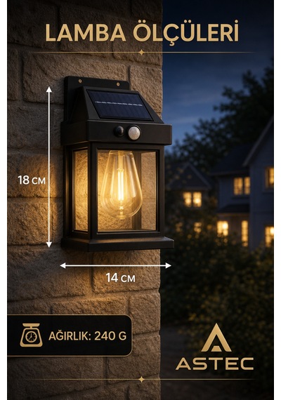 Astec Solar Hareket Sensörlü Duvar Lambası 20w Ip65 Güneş Enerjili Bahçe Apliği Gün Işığı