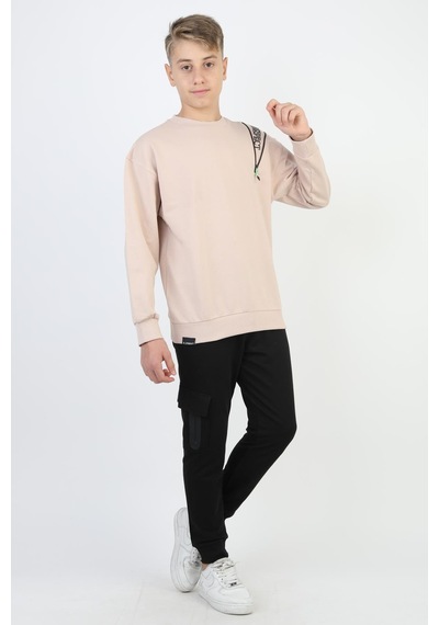 Mevsimlik Respect Baskılı 2 İplik %100 Pamuk 2 İplik Uzun Kollu Erkek Çocuk Sweatshirt-90931 Bej