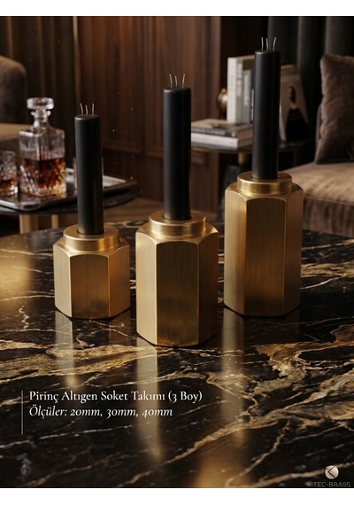 Atölye Asya 6 Köşe Som Pirinç Mumluk 20/30/40 Mm 24 Mm Genişlik Dekoratif Mumluk Gold