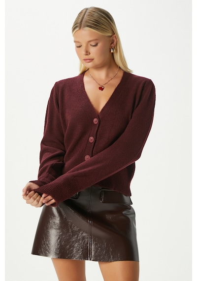 Ritnice Kadın Bold Yumuşak Doku V Yaka Bordo Triko Hırka 70148 Bordo