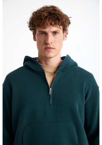 Grimelange Pavle Erkek Kapüşonlu Kanguru Cepli Fermuar Yakalı Yeşil Sweatshirt Yeşil