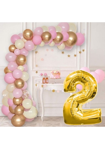 2 Yaş Krom Gold Pastel Pembe Ve Beyaz Balon Seti Gold Rakamlı Doğum Günü Balonu Şık Parti Süsleme Çok Renkli